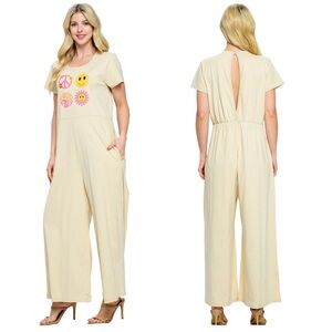 Yak N Yeti Good Vibe Peace Print Jumpsuit Size Large XL In Ivory Yellow NWT